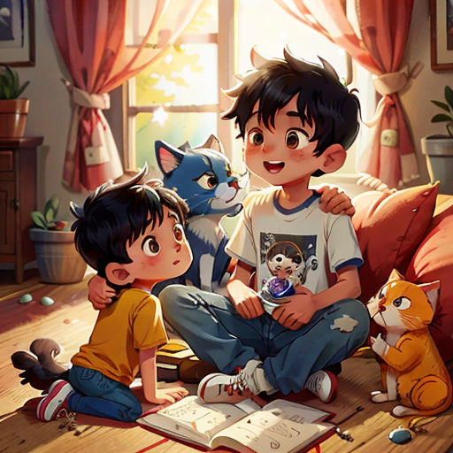 a boy and a boy sitting on a bed with a cat and a dog in front of them and a book