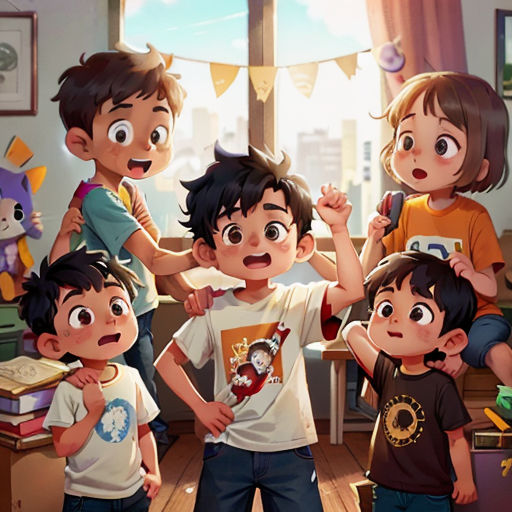 a group of children standing in a room with a window and a cat on the wall behind them and a cat on the floor