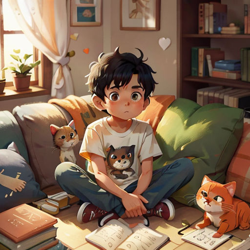 a boy sitting on a couch with a cat and a cat toy next to him and a cat sitting on a book