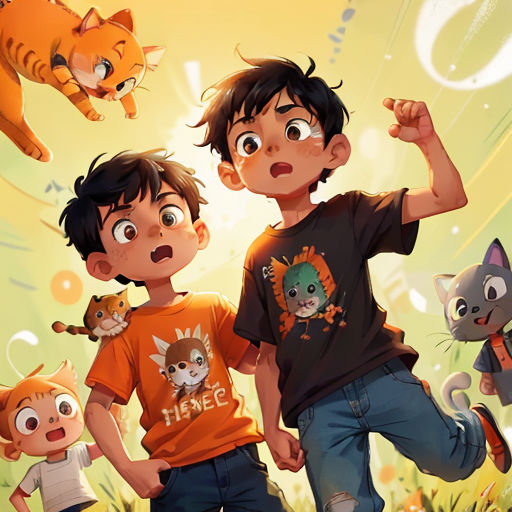 a couple of kids standing next to each other in front of a cat and kitten on a field of grass