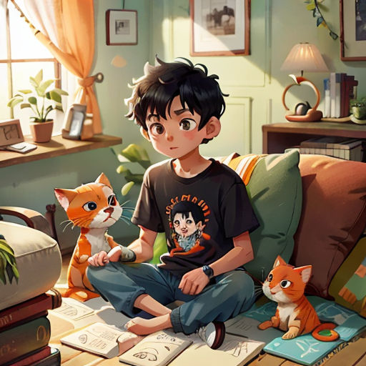 a boy sitting on a couch with a cat and a kitten on the floor next to him and a cat sitting on a pillow