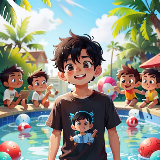 a boy standing in front of a pool filled with balls and a bunch of other children in the background