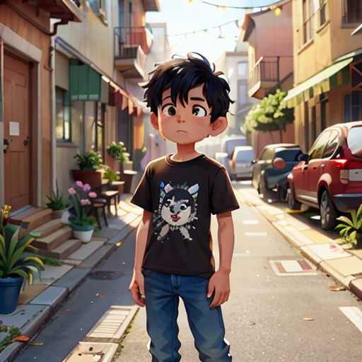 a boy standing on a street corner in a cartoon style with a dog on his shirt and jeans on