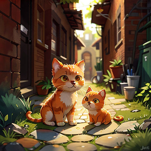 a couple of cats sitting on top of a stone walkway next to a building and a potted plant