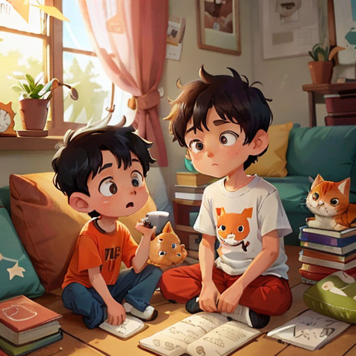 two children sitting on the floor with books and a cat in front of them, looking at a book