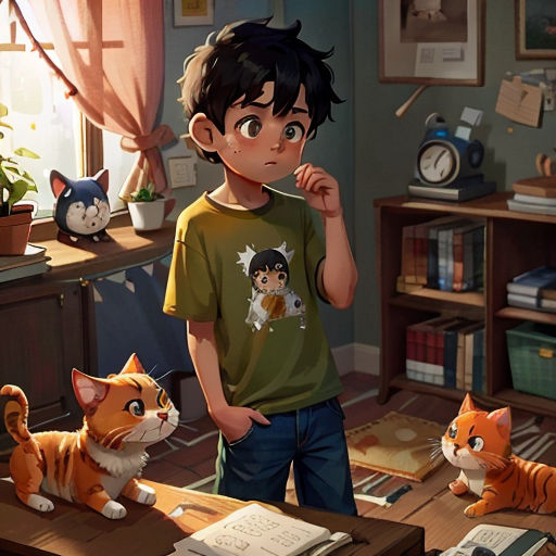 a boy standing in front of a desk with a cat on it and a cat sitting on the desk