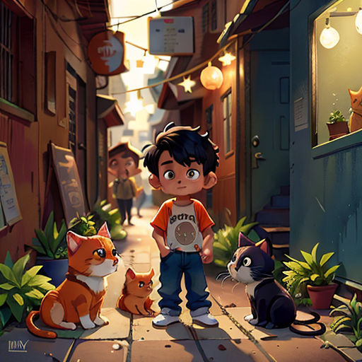 a boy standing in a alley with two cats and a cat sitting on the ground next to him and a cat looking at him