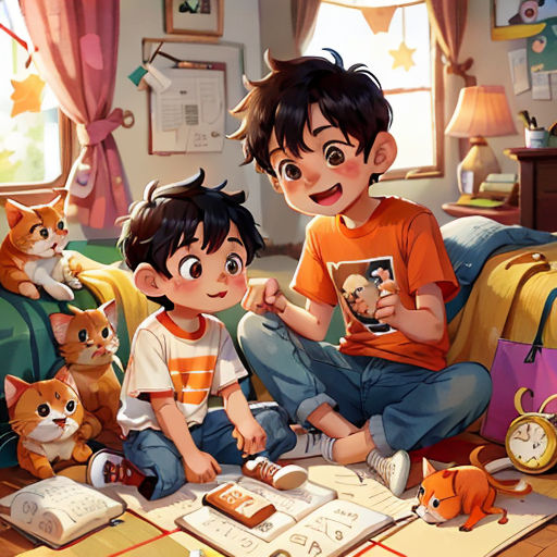 a boy and a boy sitting on a bed with cats and a book in front of them and a cat laying on the floor