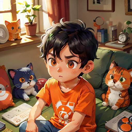 a boy sitting on a couch with a bunch of cats around him and a laptop on the floor next to him