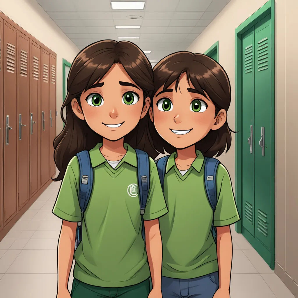 two girls in green shirts standing in a hallway with lockers behind them and smiling at the camera with a backpack on their shoulder, northwest school, concept art, Felix-Kelly, official art