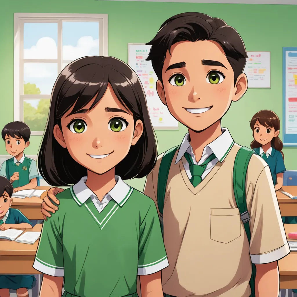 a boy and a girl standing in front of a classroom full of students in green uniforms and green backpacks, danube school, a stock photo, Adam Manyoki, official art