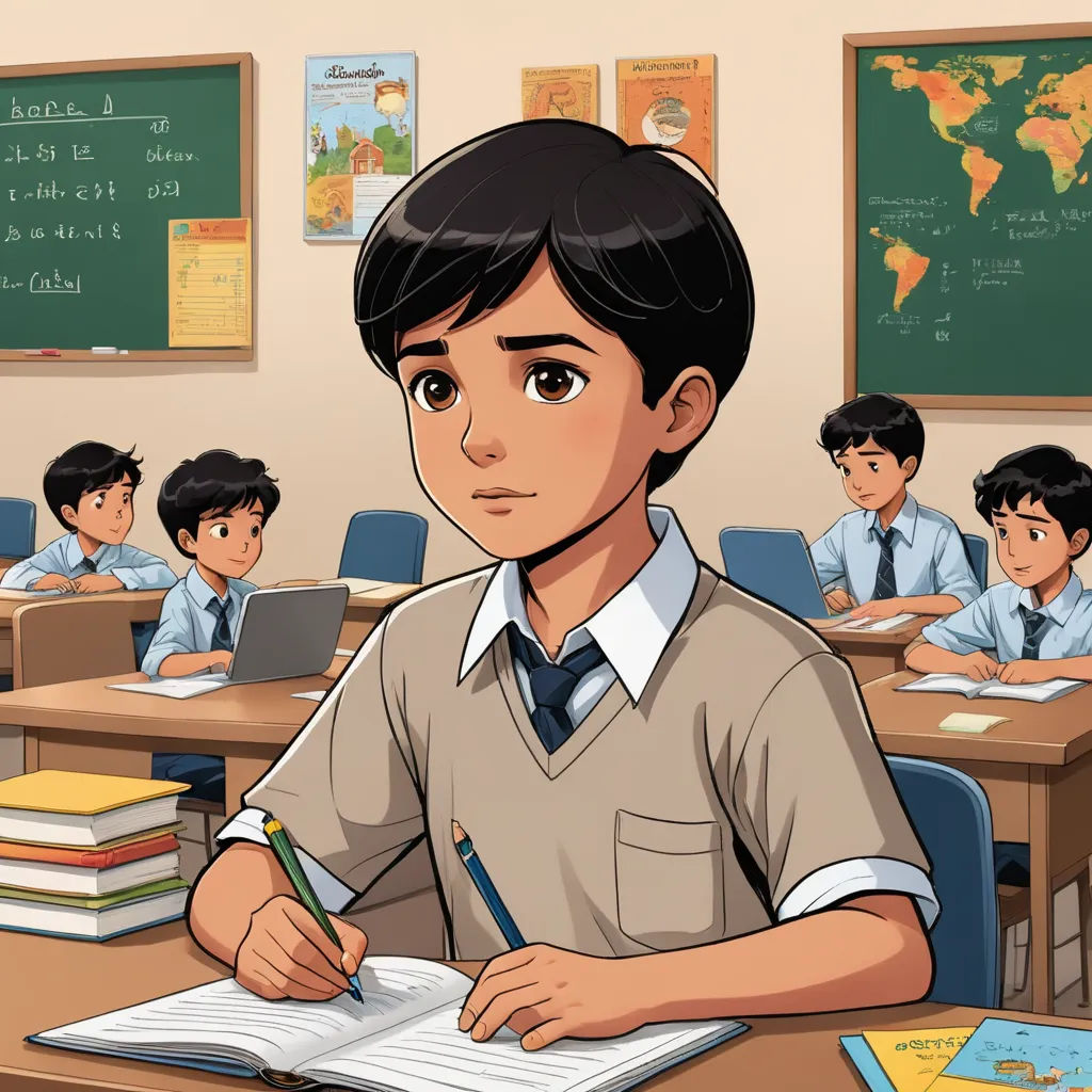 a boy in a classroom with a book and pen in his hand and a world map on the wall, quito school, a comic book panel, Anthony Devas, official art
