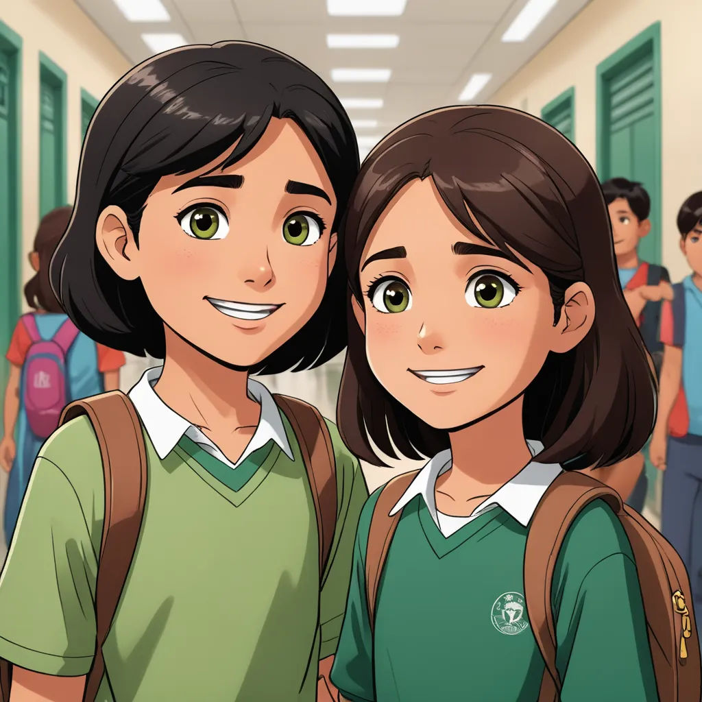 two young girls standing next to each other in a hallway with a group of people behind them and a hallway with green doors, northwest school, a stock photo, Felix-Kelly, official art