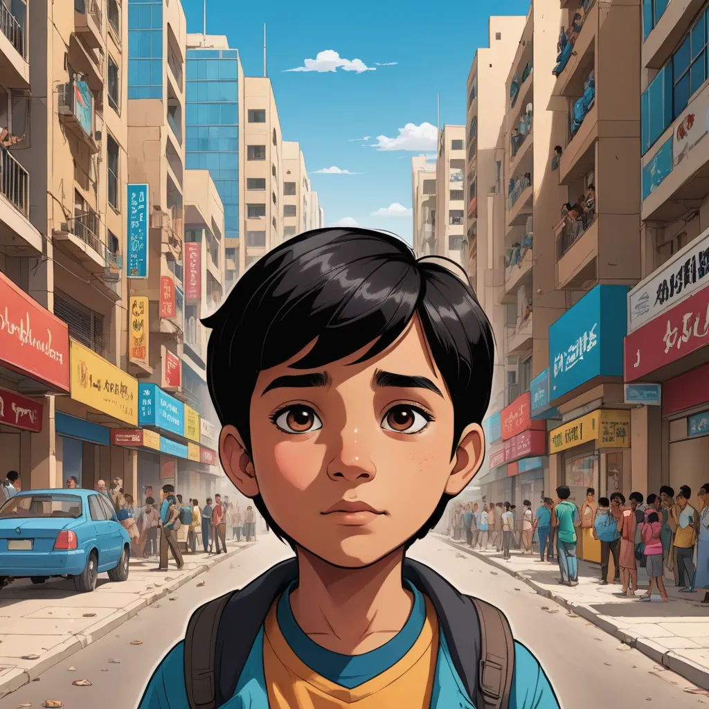 a boy standing in the middle of a street with a backpack on his back and people walking on the sidewalk, photorealism, a comic book panel, Asaf Hanuka, graphic novel