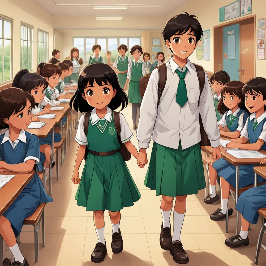 a boy and girl are standing in front of a classroom full of students with their hands in their pockets, remodernism, a painting, Adam Manyoki, official art