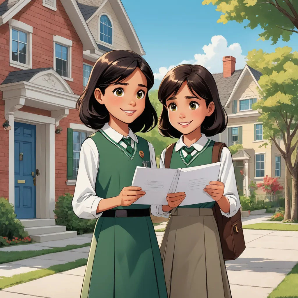 two girls standing in front of a house holding papers in their hands and looking at the camera with a smile, american scene painting, a storybook illustration, Brothers Hildebrandt, official art