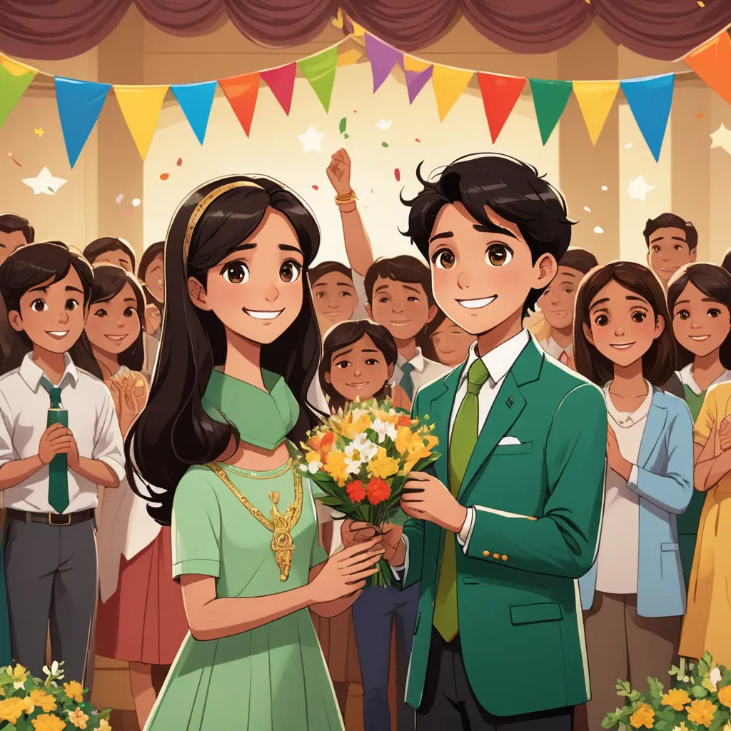 a man and woman standing in front of a crowd of people holding flowers and a bouquet of flowers in their hands, sumatraism, a storybook illustration, Fernando Amorsolo, official art