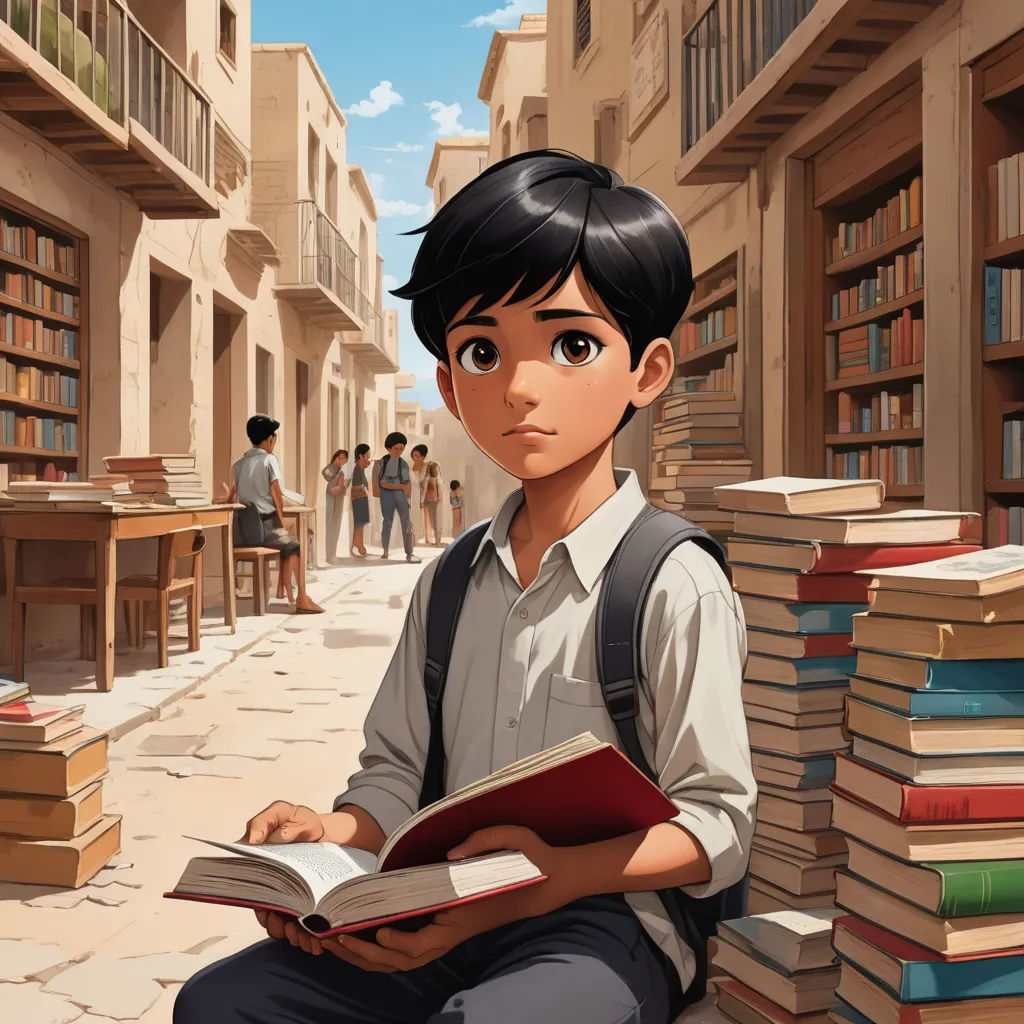 a boy sitting on a bench in a library with a book in his hands and a bunch of books on the ground, photorealism, a storybook illustration, Aaron Jasinski, official art