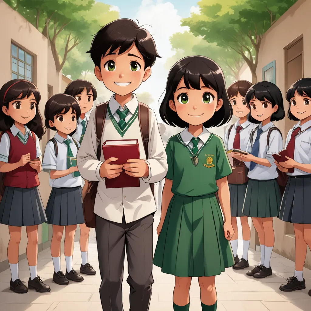 a boy and girl standing in front of a group of school children in uniforms and holding a book in their hands, danube school, a storybook illustration, Anthony Devas, official art