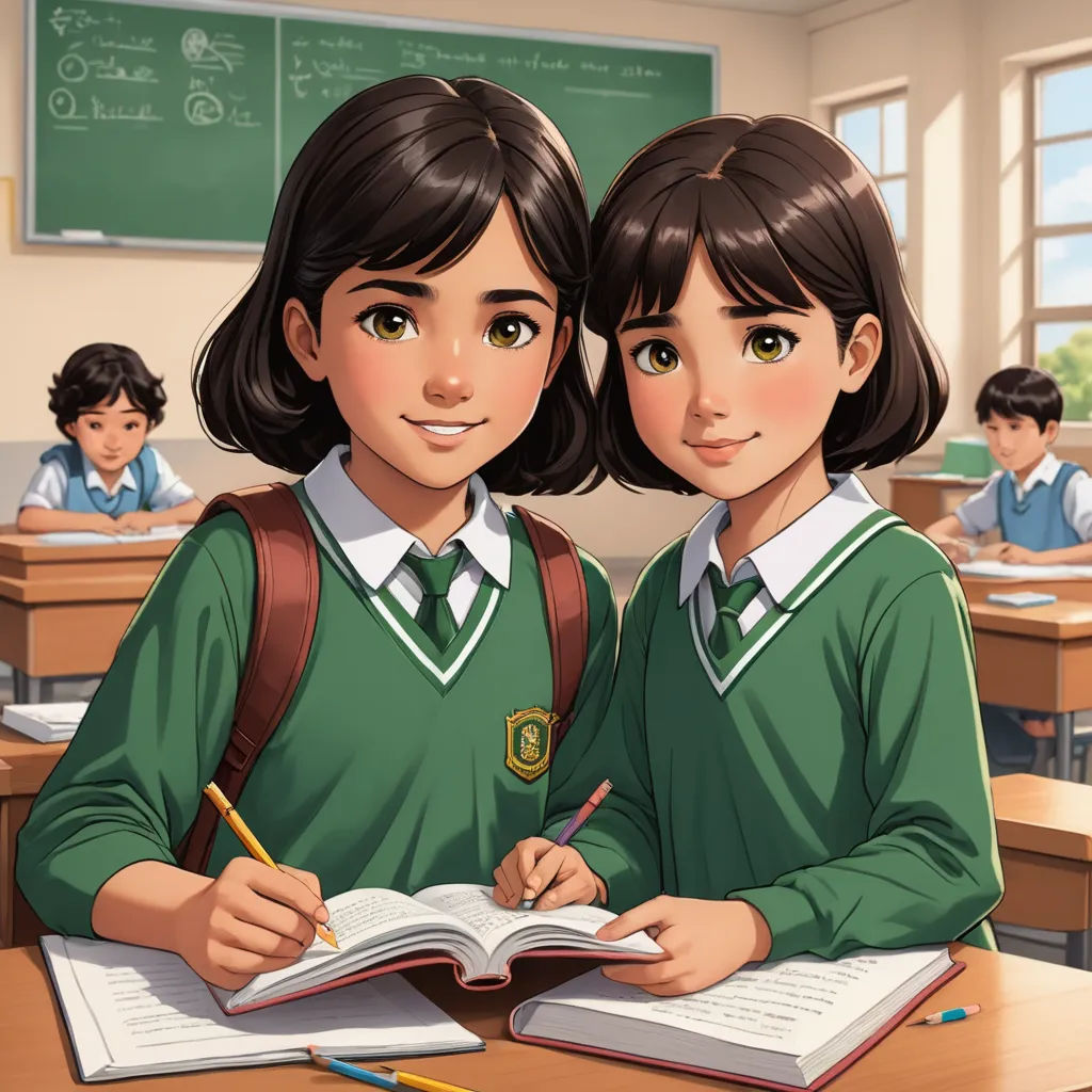 two girls are sitting at a desk with books and pencils in front of them, and one girl is writing, paris school, a detailed painting, Artgerm, official art