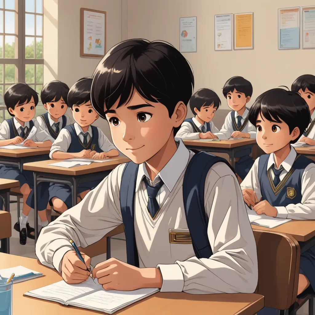 a classroom full of students sitting at desks with a notebook in front of them and a person writing on a paper, remodernism, a manga drawing, Adam Manyoki, official art