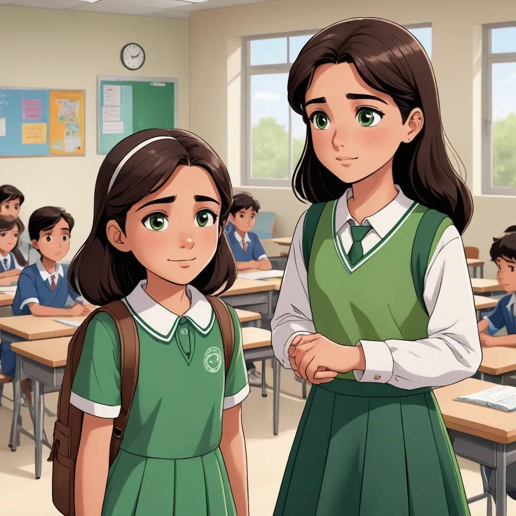 a girl and a girl in a classroom with desks and a clock in the background, both looking at the same person, remodernism, a stock photo, Clarice Beckett, official art