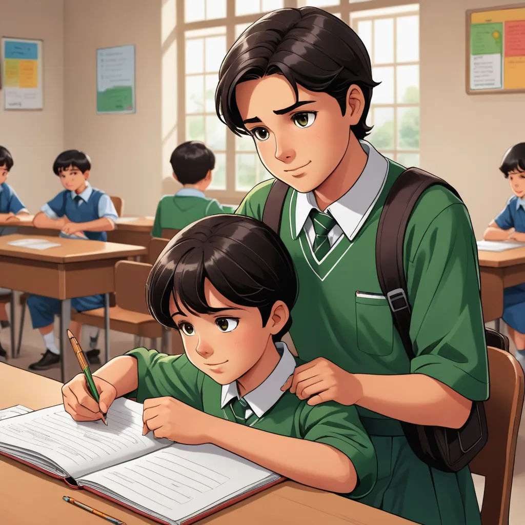 a man and a boy are sitting at a desk in a classroom with a book and pencil in their hands, danube school, a storybook illustration, Anthony Devas, official art