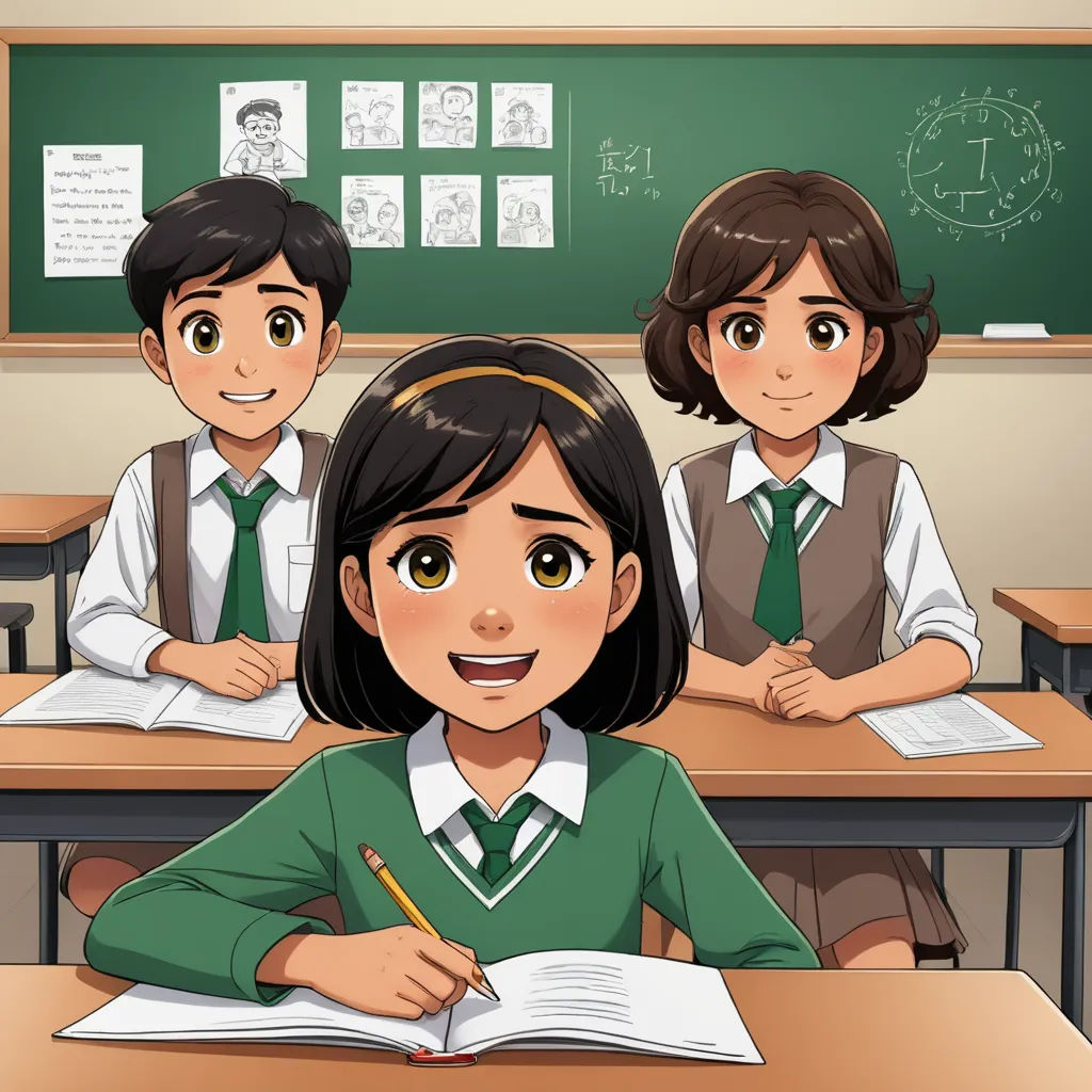 a girl and two boys sitting at a desk in a classroom with a book and pencil in front of them, danube school, a comic book panel, Anthony Devas, official art