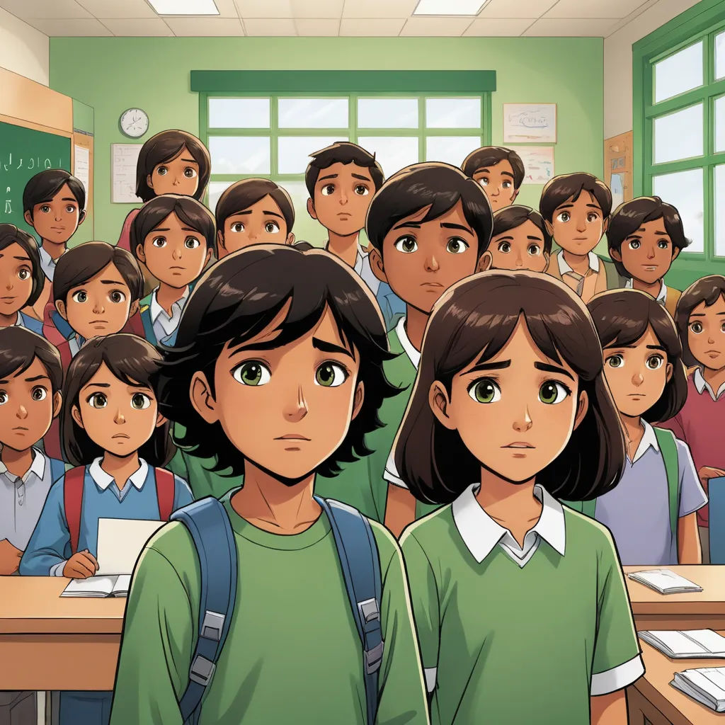 a classroom full of students with a cartoon of a girl standing in front of them with a sad face, vancouver school, a comic book panel, Adam Manyoki, comic cover art