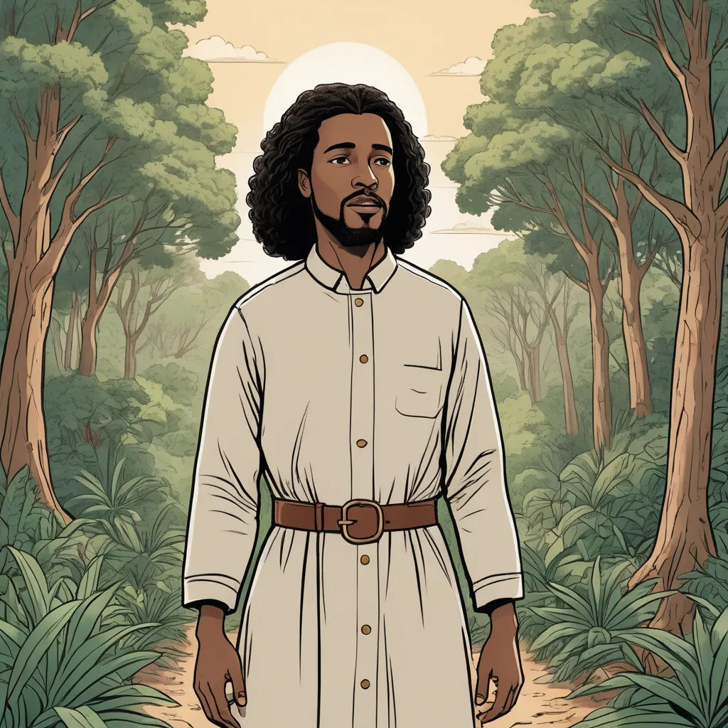 a man with a beard and a white shirt is standing in a forest with trees and bushes, with a brown belt around his waist, afrofuturism, a character portrait, Altichiero, comic cover art