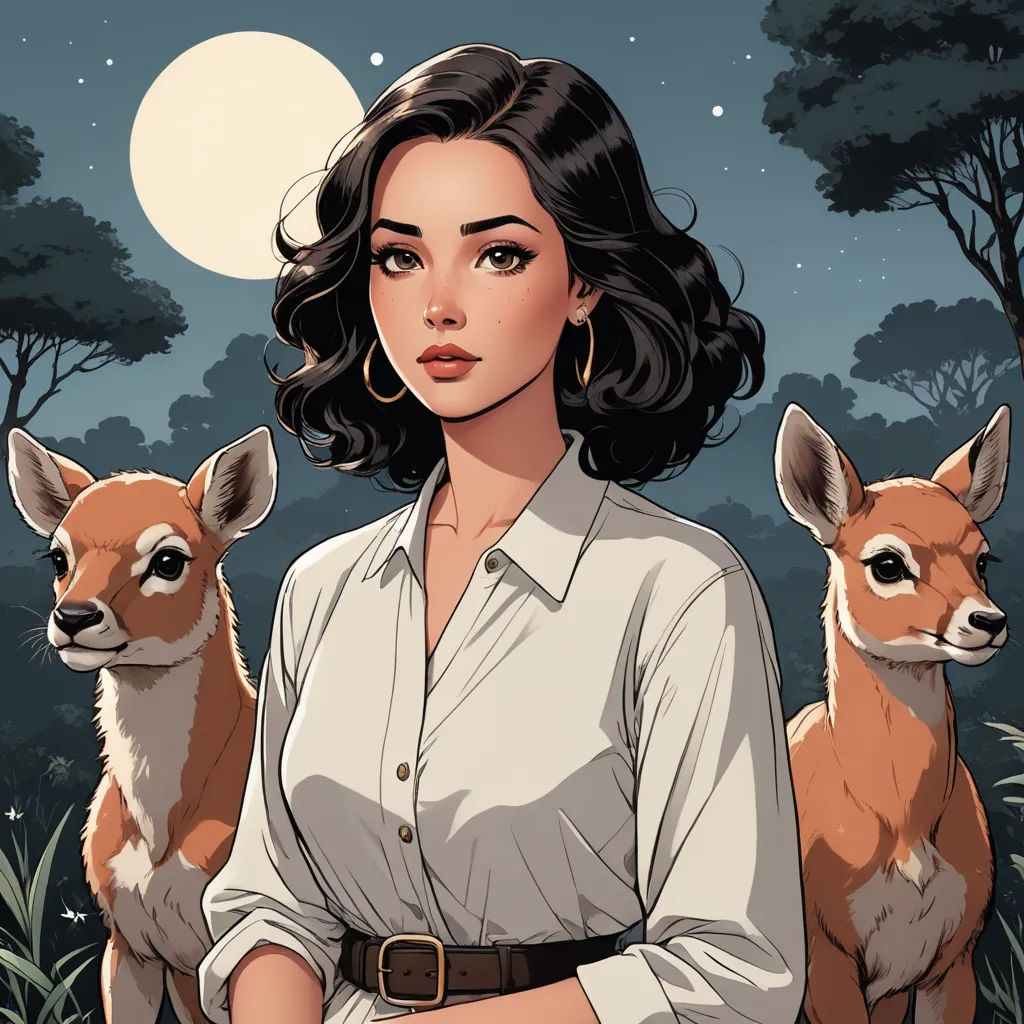 a woman standing next to two deer in a forest at night with a full moon in the background and trees, serial art, a character portrait, Edwin Georgi, comic cover art