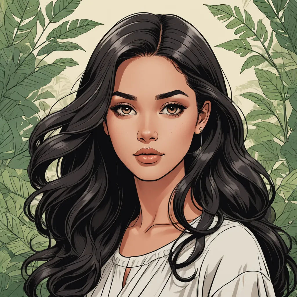 a woman with long black hair and green leaves behind her is a digital painting of her face and shoulders, fantasy art, a character portrait, Charlie Bowater, fantasy character portrait