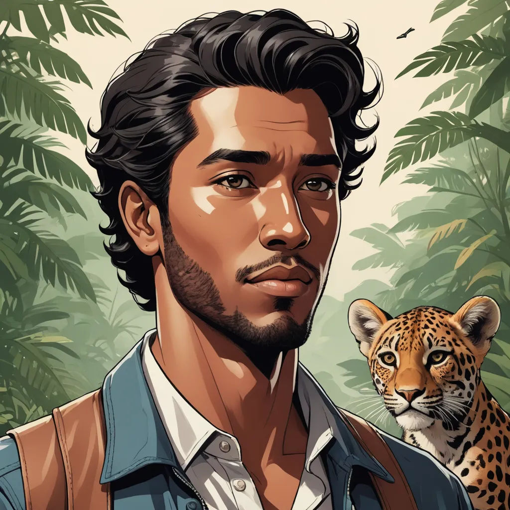 a man with a beard and a leopard in front of him is in a jungle with palm trees and a bush, serial art, a character portrait, Chris LaBrooy, character portrait