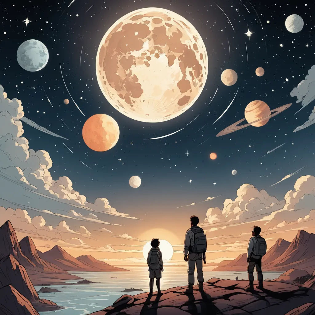 two people standing on a cliff looking at the moon and planets in the sky above them, with a lake below, space art, poster art, Dan Mumford, josan gonzales and dan mumford