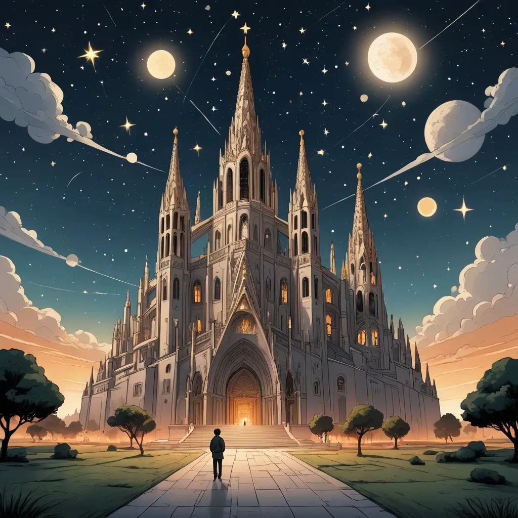 a man standing in front of a castle under a night sky with stars and moon in the sky and a person walking towards it, fantasy art, a storybook illustration, Chris LaBrooy, rossdraws global illumination