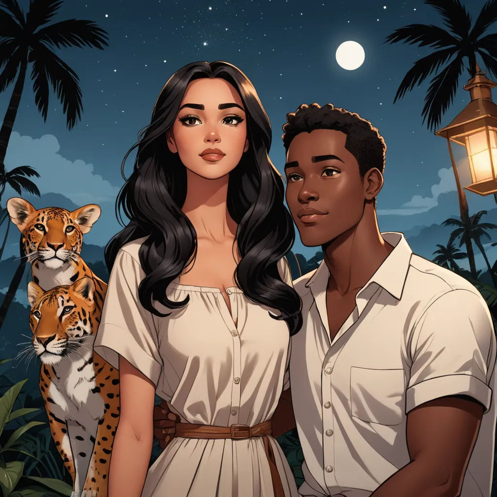 a man and a woman standing next to a tiger in the jungle at night with a lantern on the tree, serial art, a comic book panel, Cedric Seaut (Keos Masons), key art