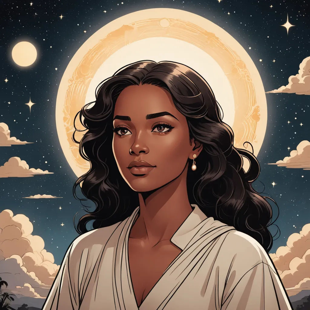 a woman with a white shirt and a moon in the background with clouds and stars in the sky and a full moon behind her, space art, a character portrait, Charlie Bowater, comic cover art