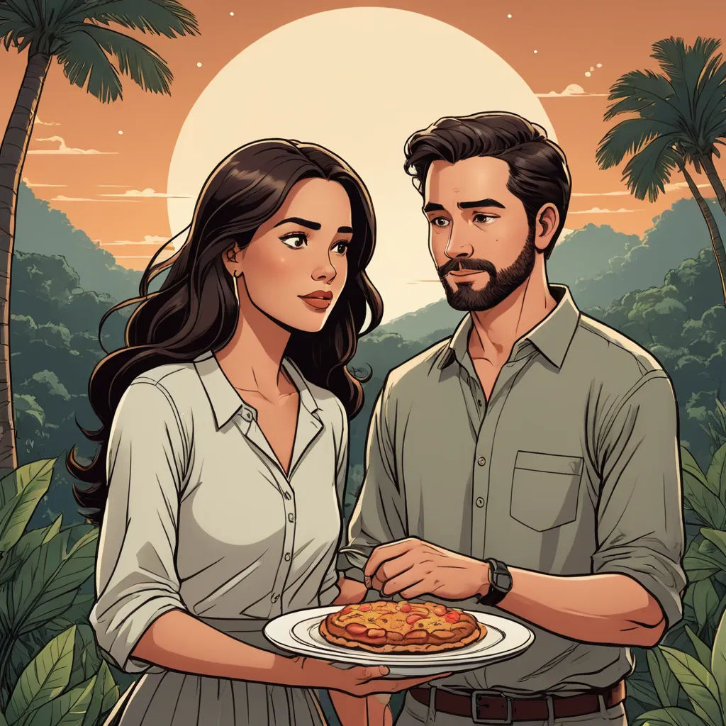 a man and woman holding a plate of food in front of a sunset with palm trees and a forest, serial art, a comic book panel, Chip Zdarsky, official art