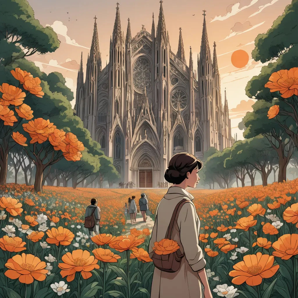 a woman standing in a field of flowers looking at a cathedral in the distance with people walking by it, color field, poster art, Atey Ghailan, book cover