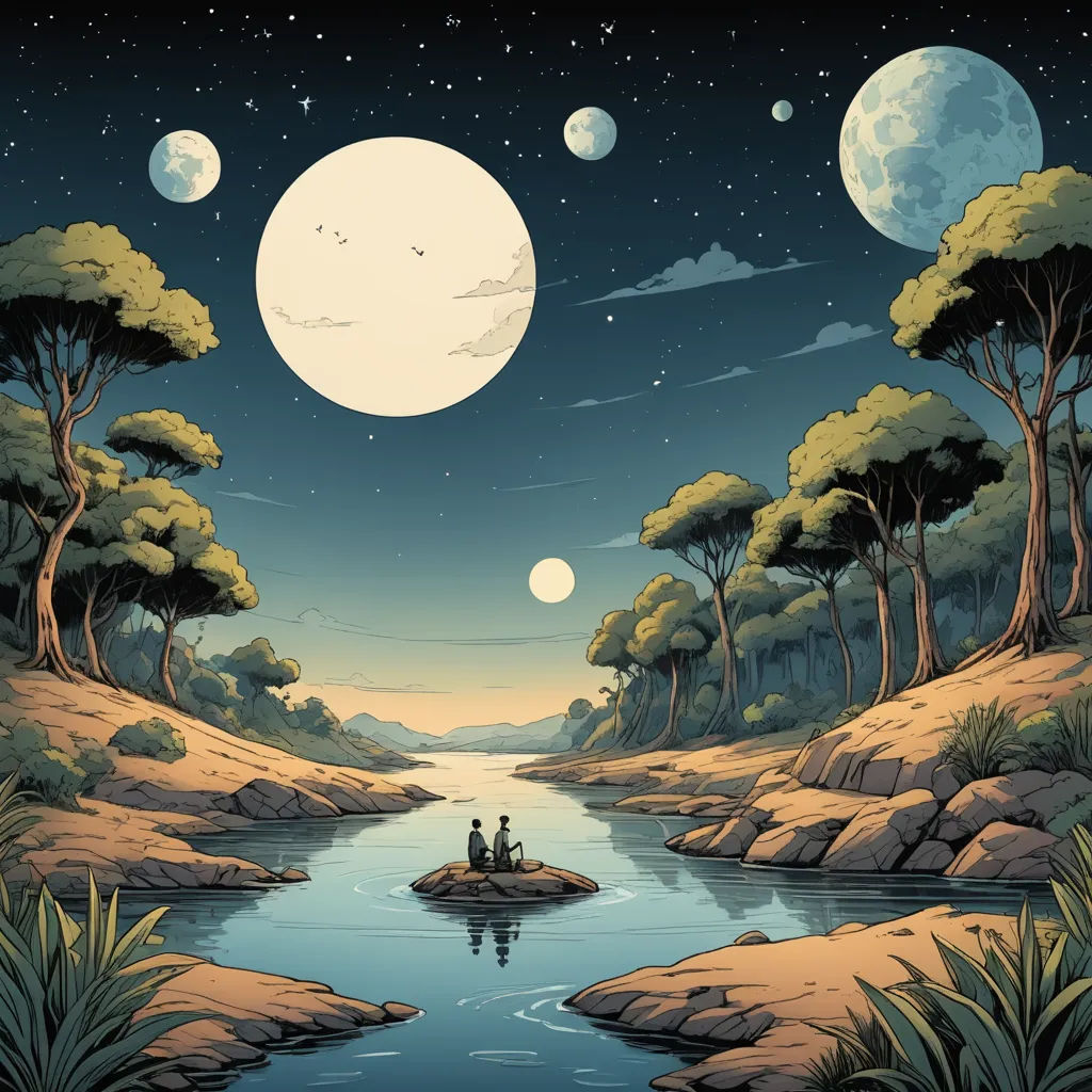 a river with a boat in it and a full moon in the sky above it and a couple of people on a boat in the water, space art, an album cover, Dan Mumford, comic cover art