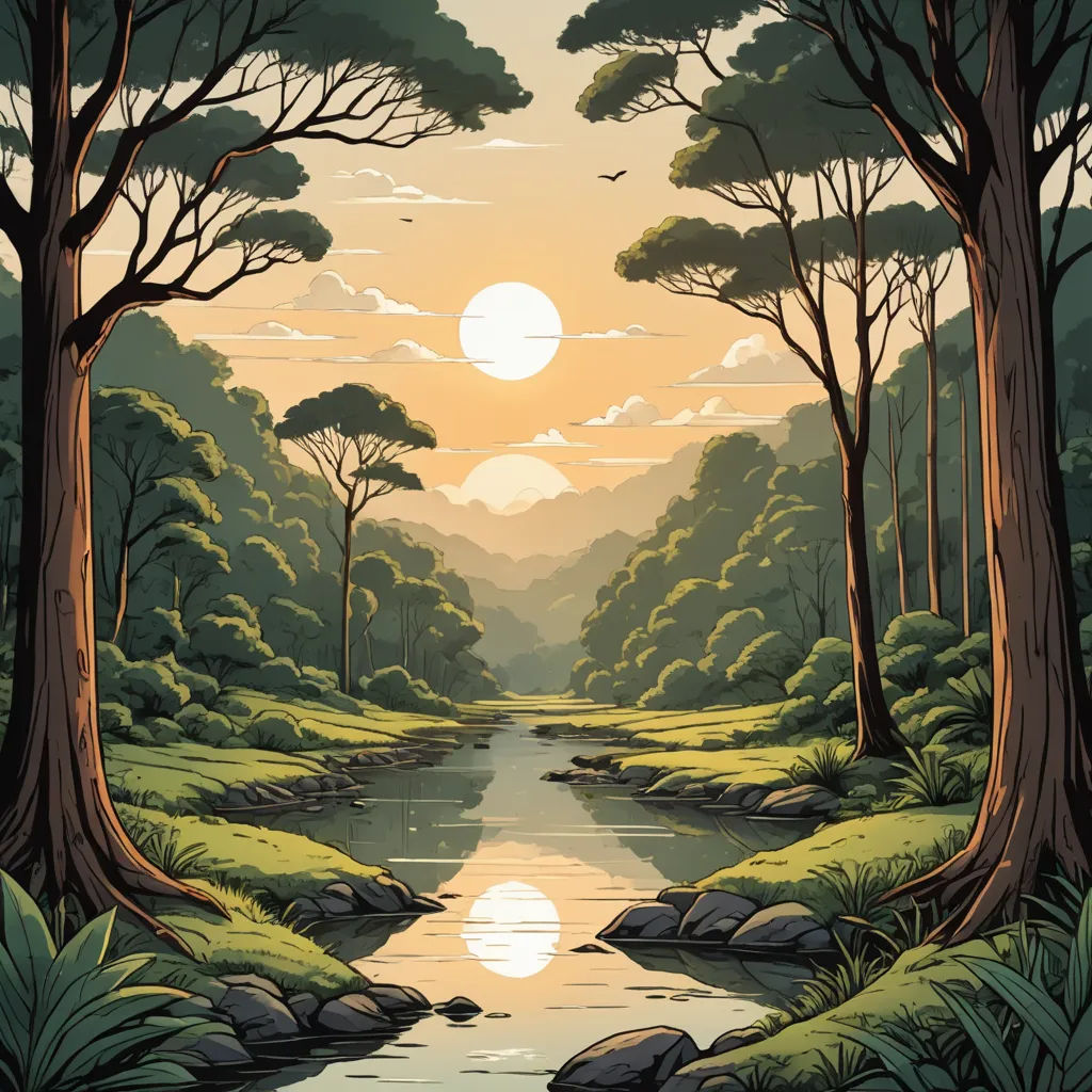 a painting of a river surrounded by trees and grass with a sunset in the background and a bird flying over the water, naturalism, a storybook illustration, Dan Mumford, forest