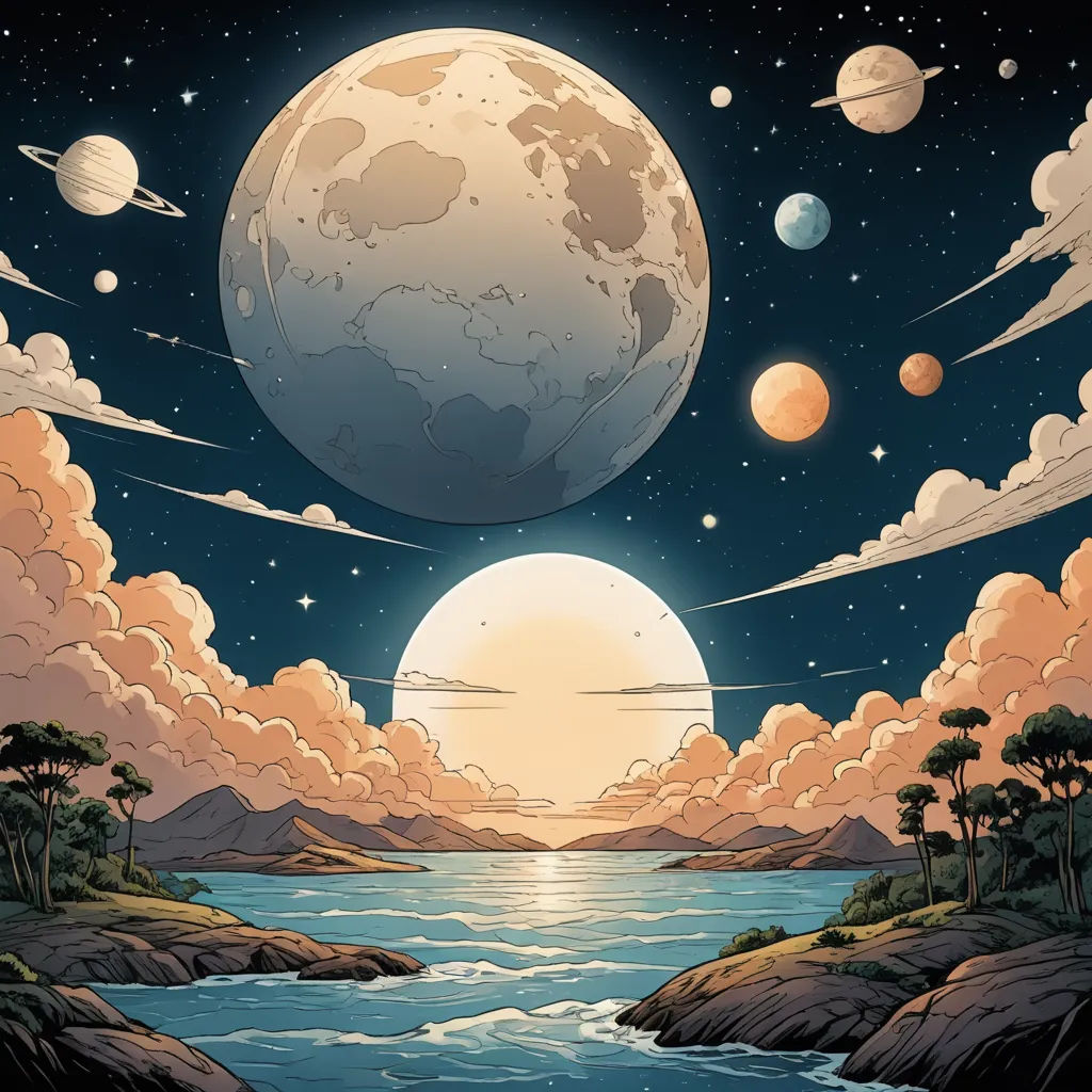 a painting of a river with planets in the sky above it and a river running through it with a few trees, space art, a comic book panel, Chris LaBrooy, planets