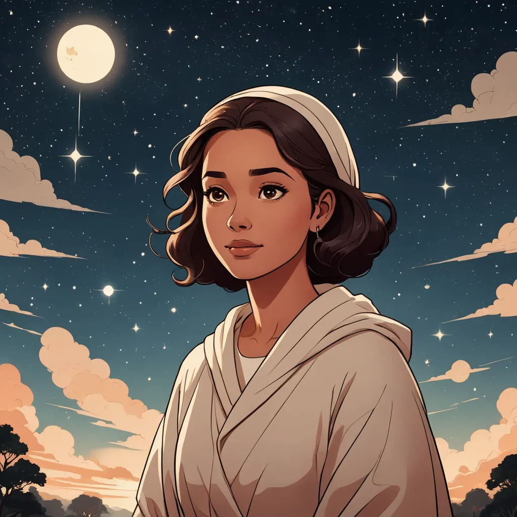 a woman in a robe standing under a night sky with stars and clouds above her, and a full moon in the background, space art, a character portrait, Atey Ghailan, comic cover art