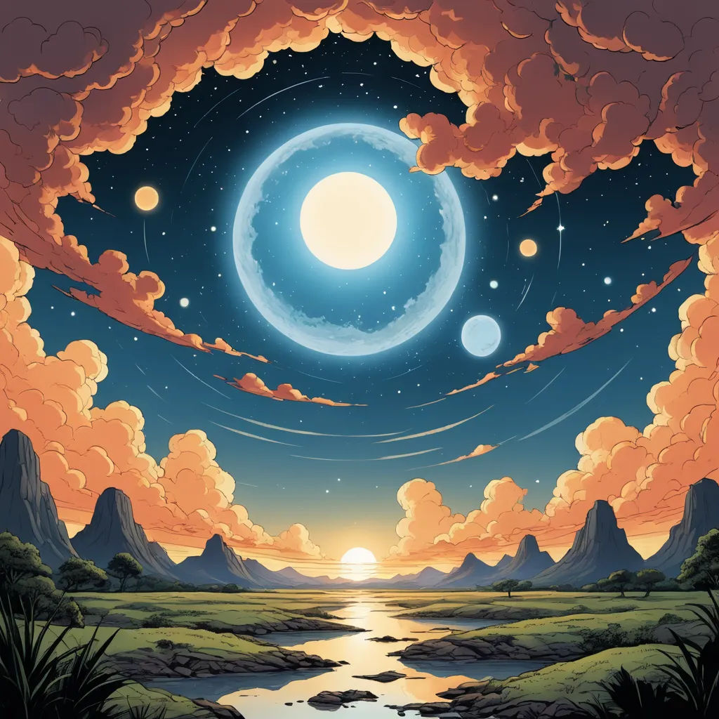 a painting of a landscape with a river and mountains in the background and a full moon in the sky, space art, an album cover, Dan Mumford, comic cover art