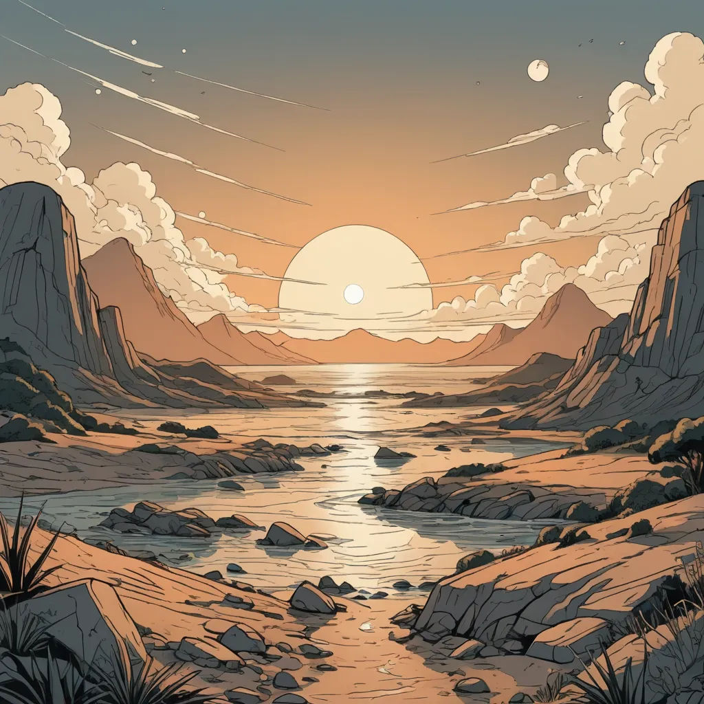 a painting of a river running through a rocky landscape with a sunset in the background and clouds in the sky, space art, a comic book panel, Dan Mumford, laurie greasley