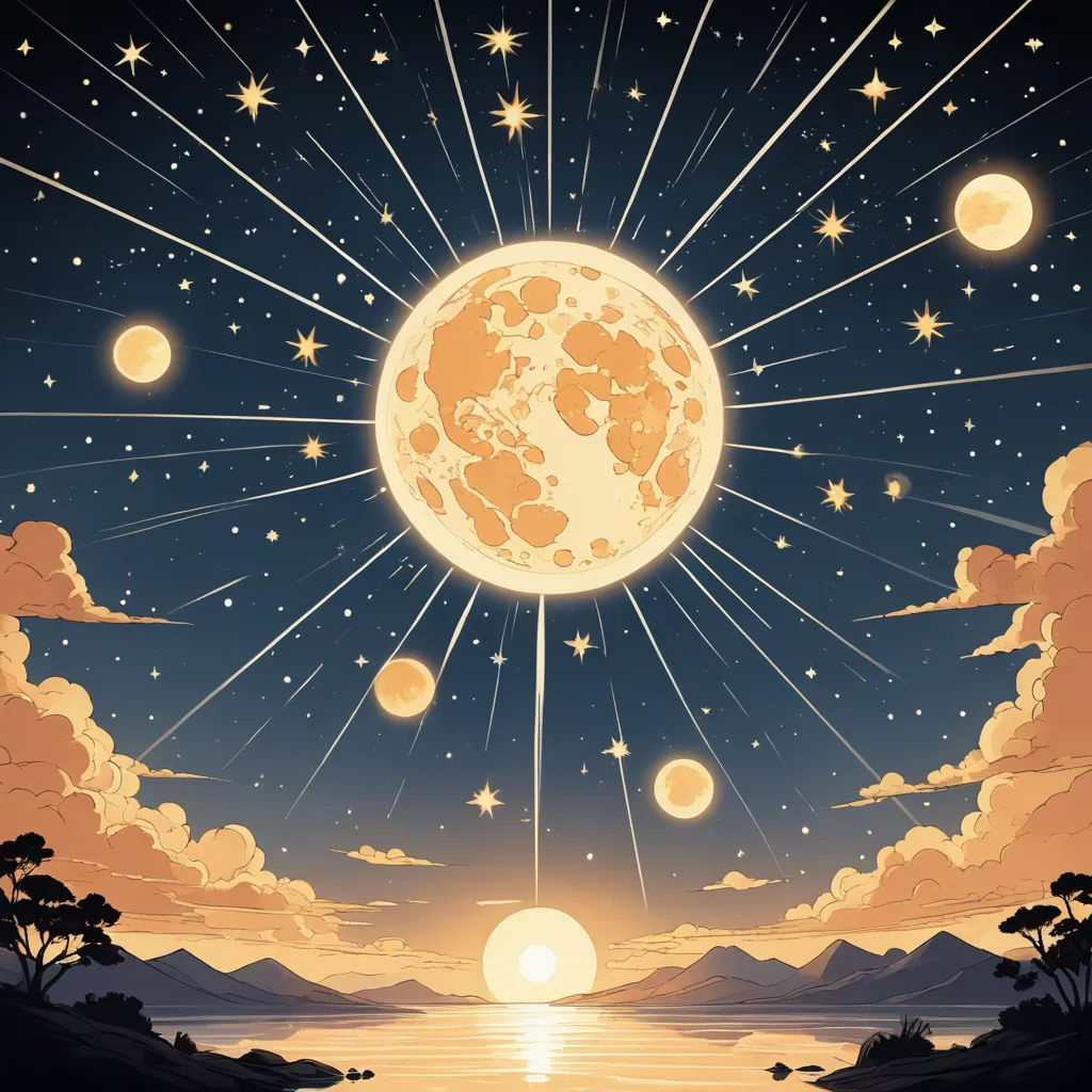 a painting of a full moon with stars and clouds in the sky above a lake with a mountain in the background, space art, poster art, Chris LaBrooy, rossdraws global illumination