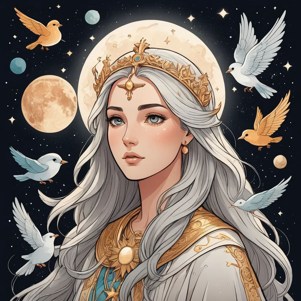 a woman with long hair wearing a crown and surrounded by birds and stars, with a full moon in the background, fantasy art, a detailed drawing, Anna Dittmann, rossdraws global illumination