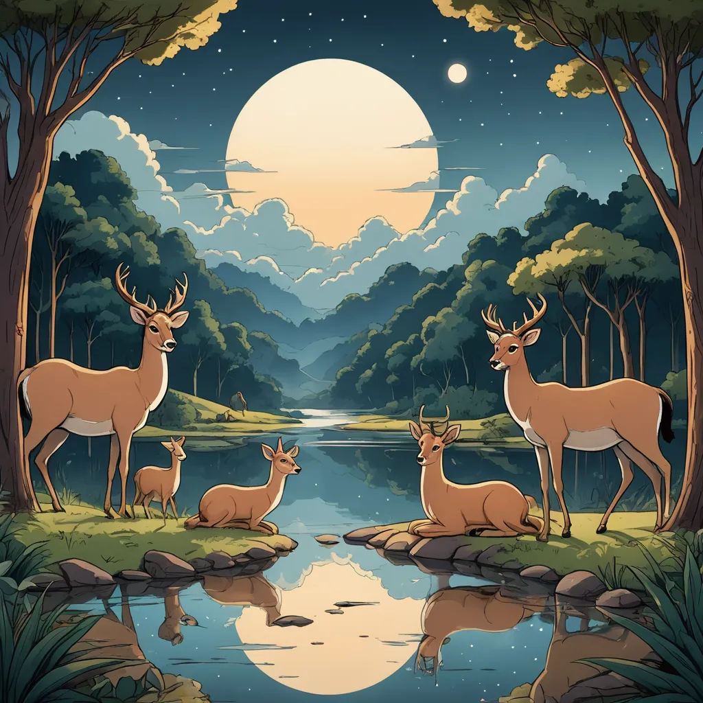 a couple of deer standing next to a lake under a full moon sky with trees and a forest in the background, naturalism, a storybook illustration, Chris LaBrooy, nature