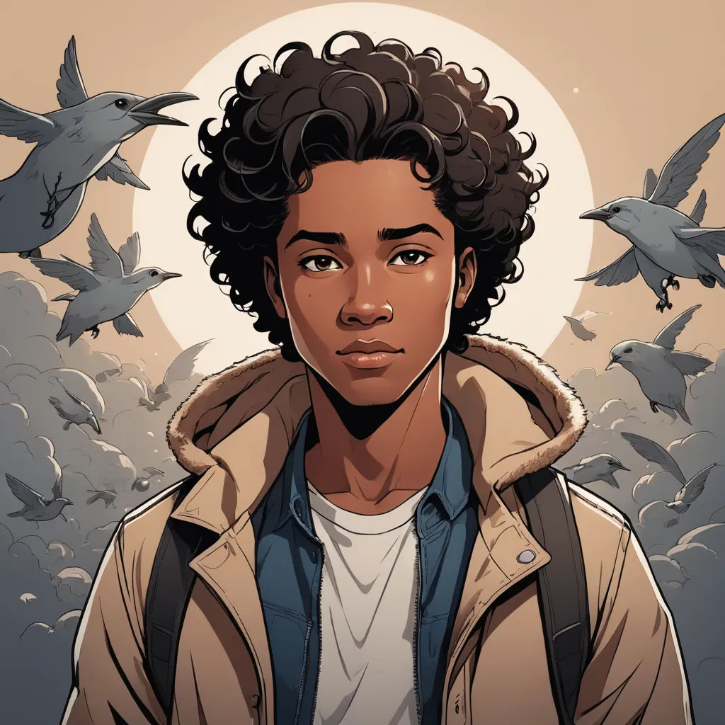 a man with a jacket on standing in front of a flock of birds in the sky with a full moon in the background, harlem renaissance, a character portrait, Everett Warner, comic cover art