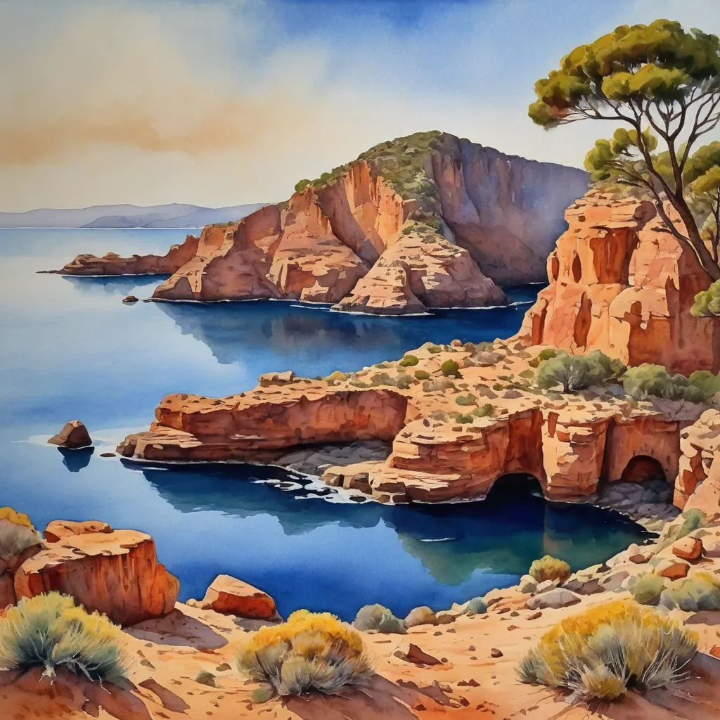 a painting of a rocky cliff with a body of water in the middle of it and a tree on the other side, plein air, an airbrush painting, Bob Thompson, stanley artgermm